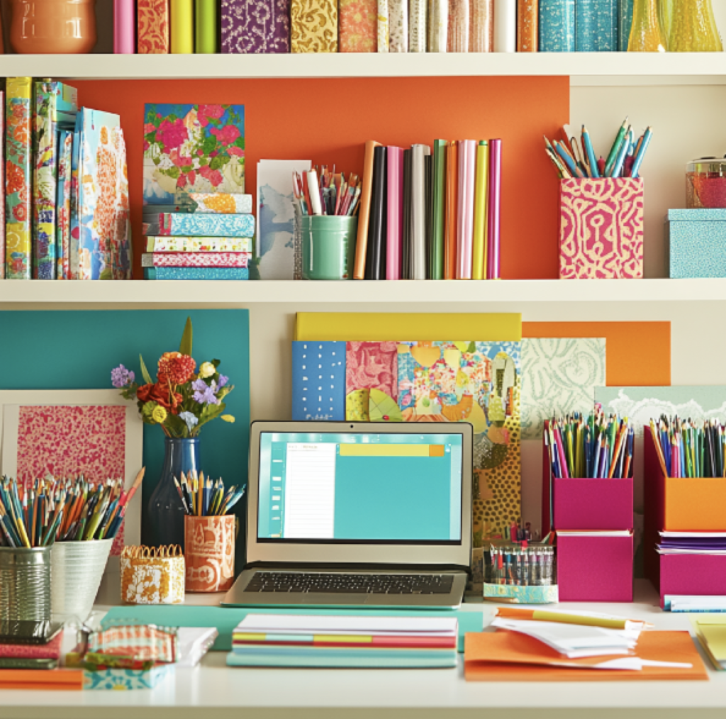Vibrant, colorful image of a computer on a desk surrounded by books on a shelf. Visible documents are lying on the desk next to the computer. 